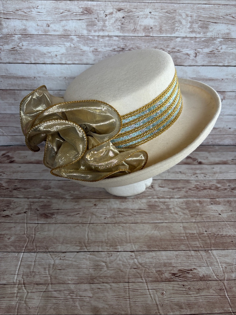 Vintage Ivory Dress Hat with Gold Ribbon Accent - Picture 1 of 10